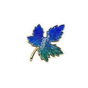 Blue and Green Maple Leaf Pin Brooch Enamel Over Gold Tone Colorful Ombre Pin